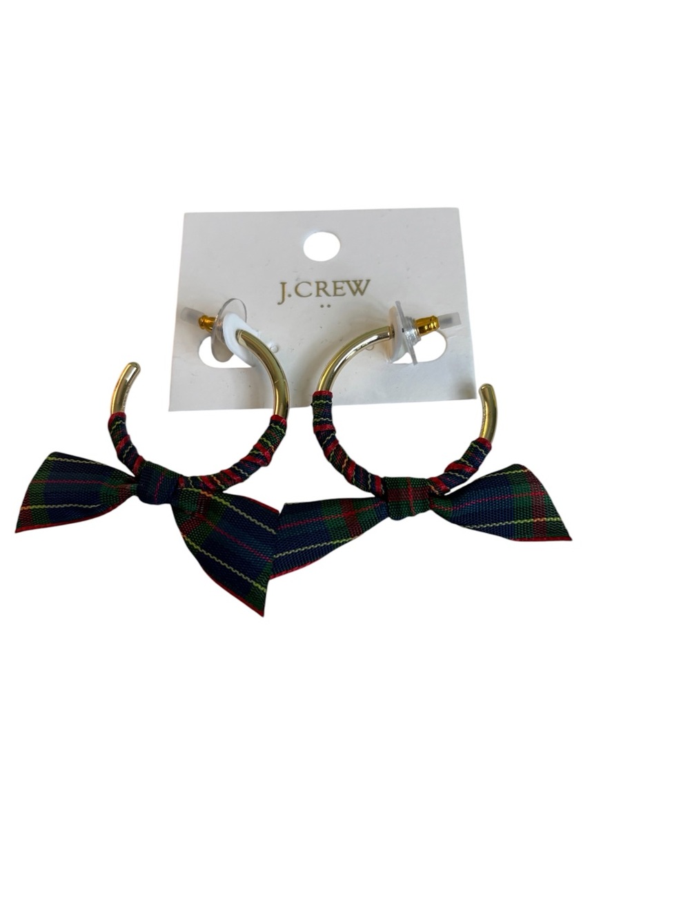 J. Crew Ribbon Wrapped Tartan Plaid Bow Gold Tone Hoops.